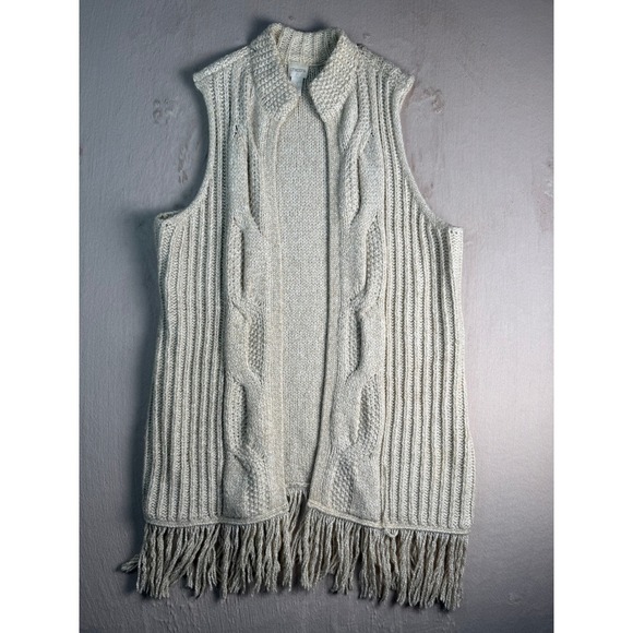 Chico's Jackets & Blazers - Chico's Knit Vest Women Size 3 XL Soft Cream Fringe Cable Ribbed Boho NWOT